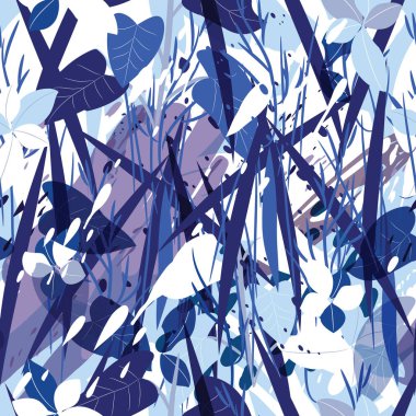 Ağaçlar, dallar, çimenler ve suluboya lekeli askeri kamuflaj dokusu.