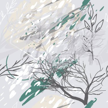 Ağaçlar, dallar, çimenler ve suluboya lekeli askeri kamuflaj dokusu.