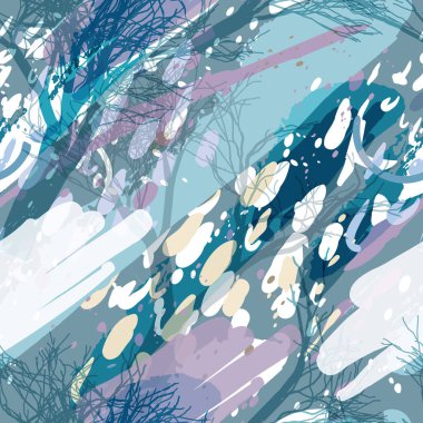 Ağaçlar, dallar, çimenler ve suluboya lekeli askeri kamuflaj dokusu.