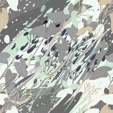 Ağaçlar, dallar, çimenler ve suluboya lekeli askeri kamuflaj dokusu.