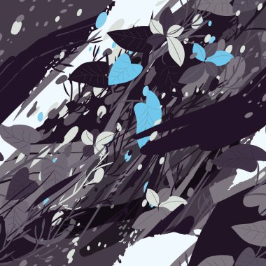 Ağaçlar, dallar, çimenler ve suluboya lekeli askeri kamuflaj dokusu.