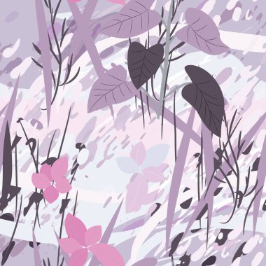 Ağaçlar, dallar, çimenler ve suluboya lekeli askeri kamuflaj dokusu.