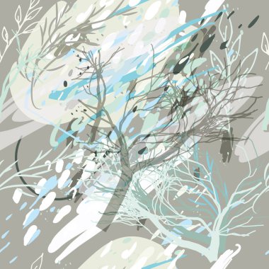 Ağaçlar, dallar, çimenler ve suluboya lekeli askeri kamuflaj dokusu.