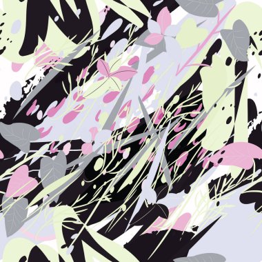 Ağaçlar, dallar, çimenler ve suluboya lekeli askeri kamuflaj dokusu.