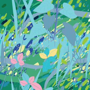 Ağaçlar, dallar, çimenler ve suluboya lekeli askeri kamuflaj dokusu.