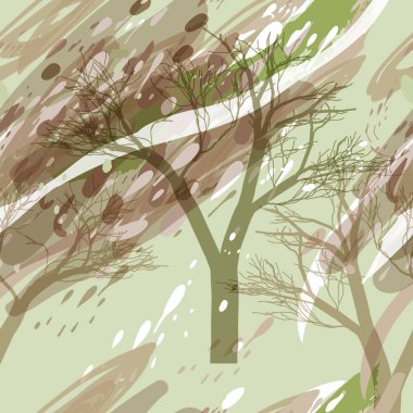 Ağaçlar, dallar, çimenler ve suluboya lekeli askeri kamuflaj dokusu.