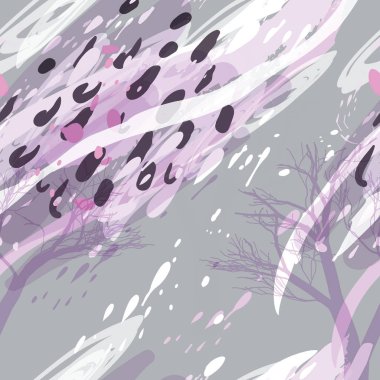 Ağaçlar, dallar, çimenler ve suluboya lekeli askeri kamuflaj dokusu.