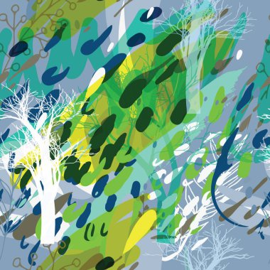 Ağaçlar, dallar, çimenler ve suluboya lekeli askeri kamuflaj dokusu.