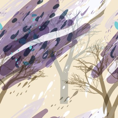 Ağaçlar, dallar, çimenler ve suluboya lekeli askeri kamuflaj dokusu.