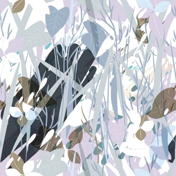 Texture de camouflage militaire avec des arbres, des branches, de l'herbe et des taches d'aquarelle — Image vectorielle