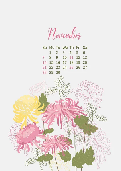 Květinový kalendář 2021 s kyticemi květin — Stockový vektor
