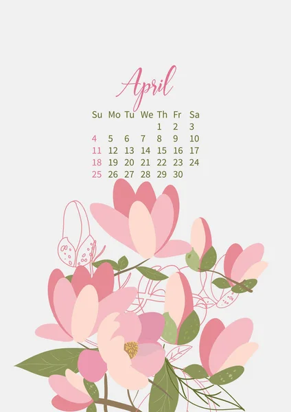 Bloemenkalender 2021 met boeketten bloemen — Stockvector