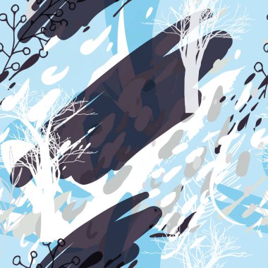 Ağaçlar, dallar, çimenler ve suluboya lekeli askeri kamuflaj dokusu.