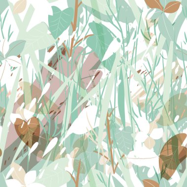 Ağaçlar, dallar, çimenler ve suluboya lekeli askeri kamuflaj dokusu.