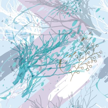 Ağaçlar, dallar, çimenler ve suluboya lekeli askeri kamuflaj dokusu.