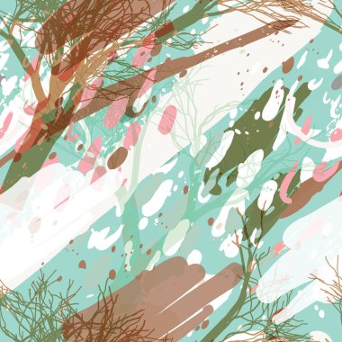 Ağaçlar, dallar, çimenler ve suluboya lekeli askeri kamuflaj dokusu.