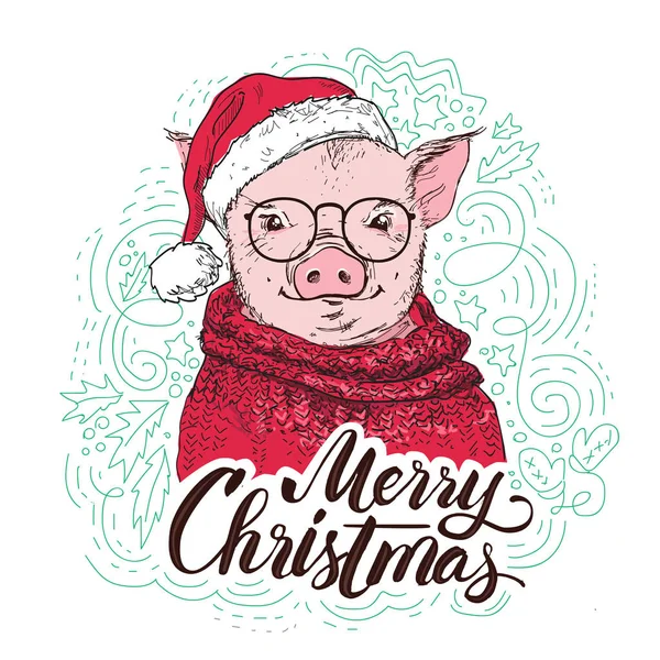 Pig, w czerwone kardigan, WPR Santas czerwony. Marry Christmas - napis cytat. Kartki świąteczne, plakat, skład t-shirt, ręcznie rysowane stylu wydruku. Ilustracja wektorowa. — Wektor stockowy