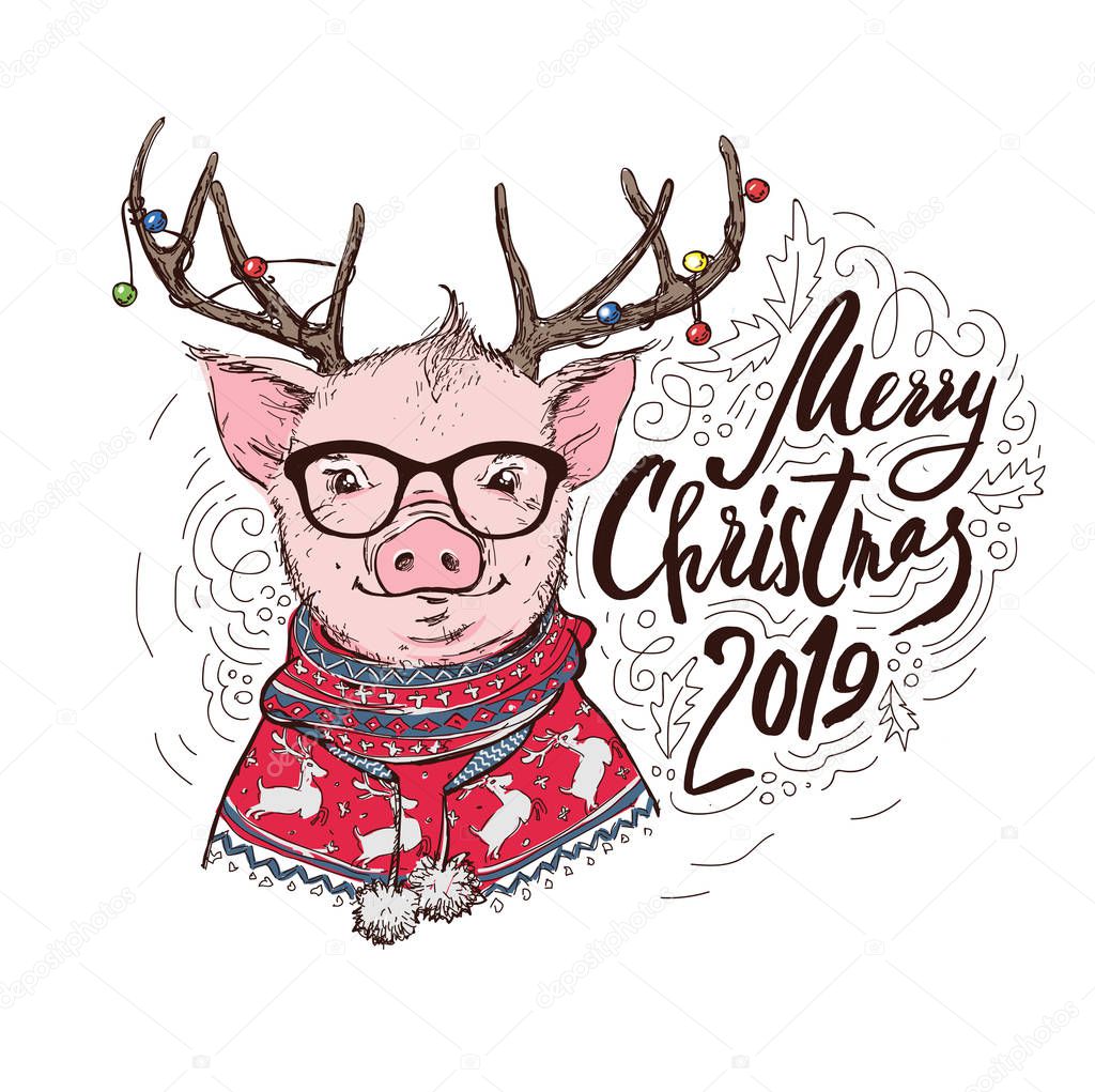 Pig in a Santas red costume and in a deer mask with a glasses. Marry Christmas - lettering quote. Christmas card, poster, t-shirt composition, hand drawn style print. Vector illustration.