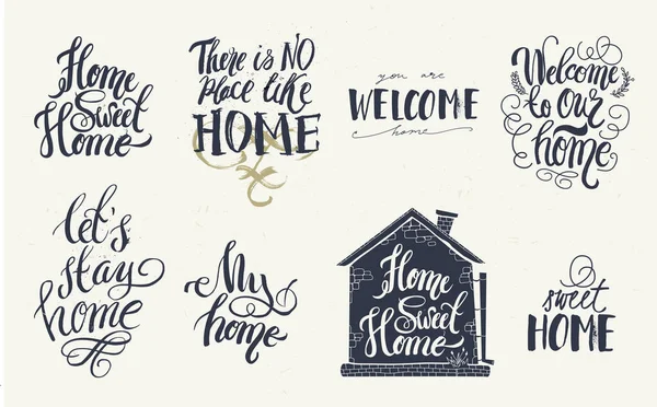 Inicio y bienvenida decoración citas letreros conjunto aislado sobre fondo blanco. Letras de mano, signos rústicos — Vector de stock