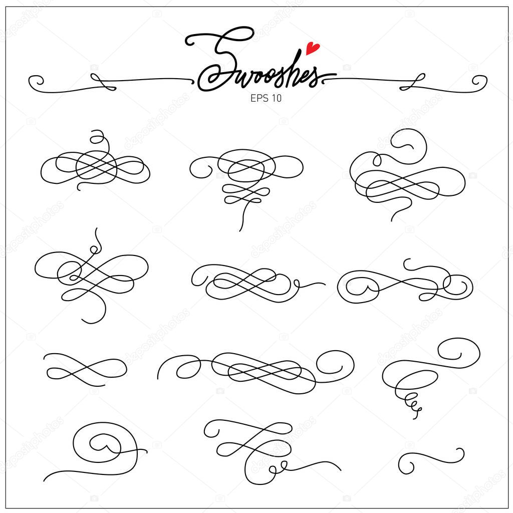 Beautiful artistic set of ink swooshes. Hand drawn decorative calligraphy elements for your design. Beautiful Swirls, Swooshes and Decorative elements for wedding invitations, cards and stationery.