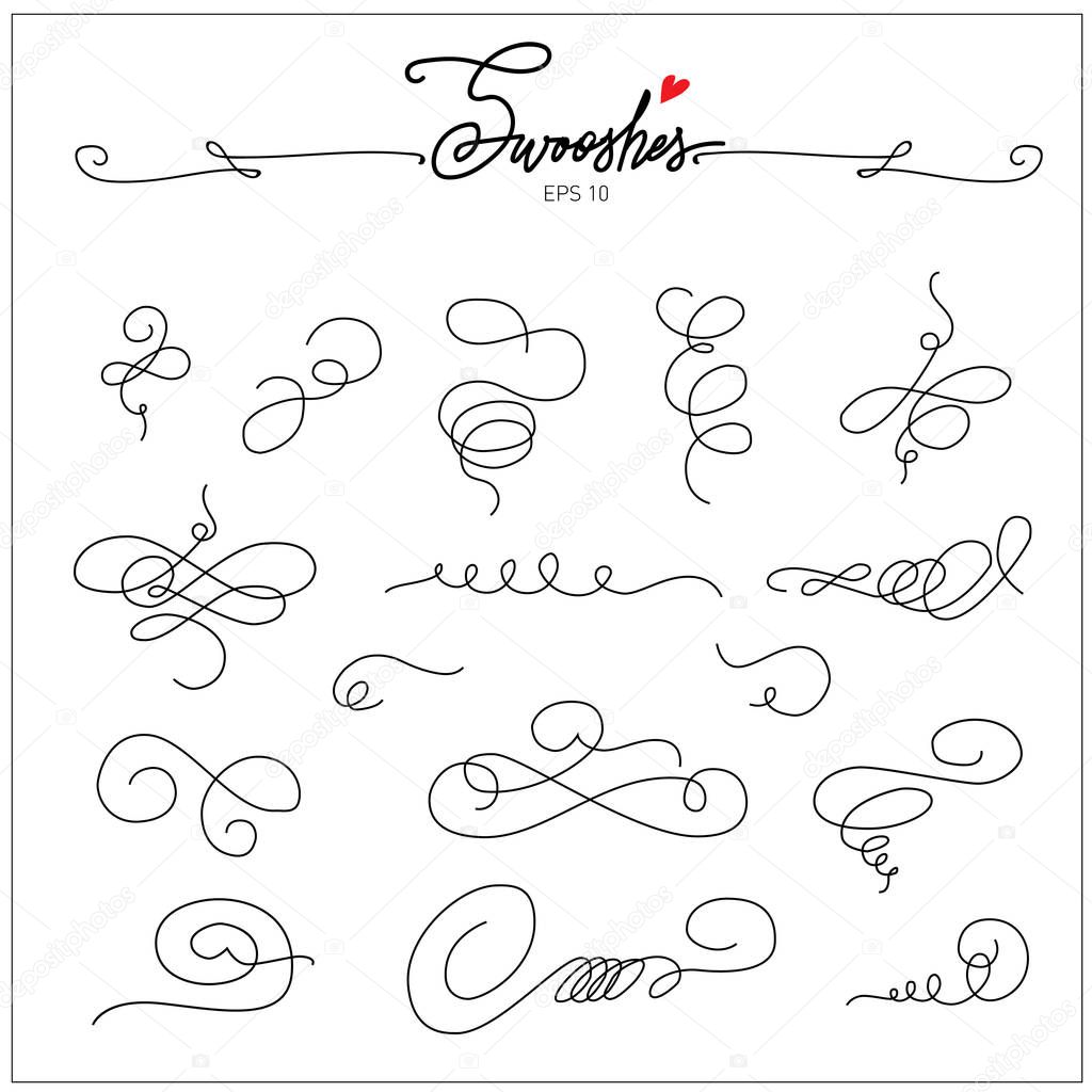 Beautiful artistic set of ink swooshes. Hand drawn decorative calligraphy elements for your design. Beautiful Swirls, Swooshes and Decorative elements for wedding invitations, cards and stationery