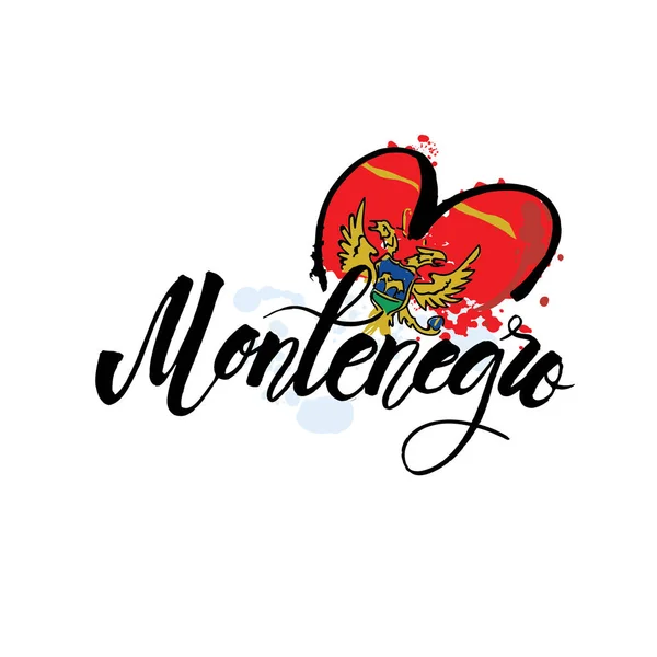 Logotipo vectorial para Montenegro, imán de nevera con bandera montenegrina, tipo de pincel original para palabra montenegro, símbolo nacional montenegrino - Catedral de San Trifón en Kotor sobre fondo de montaña . — Vector de stock