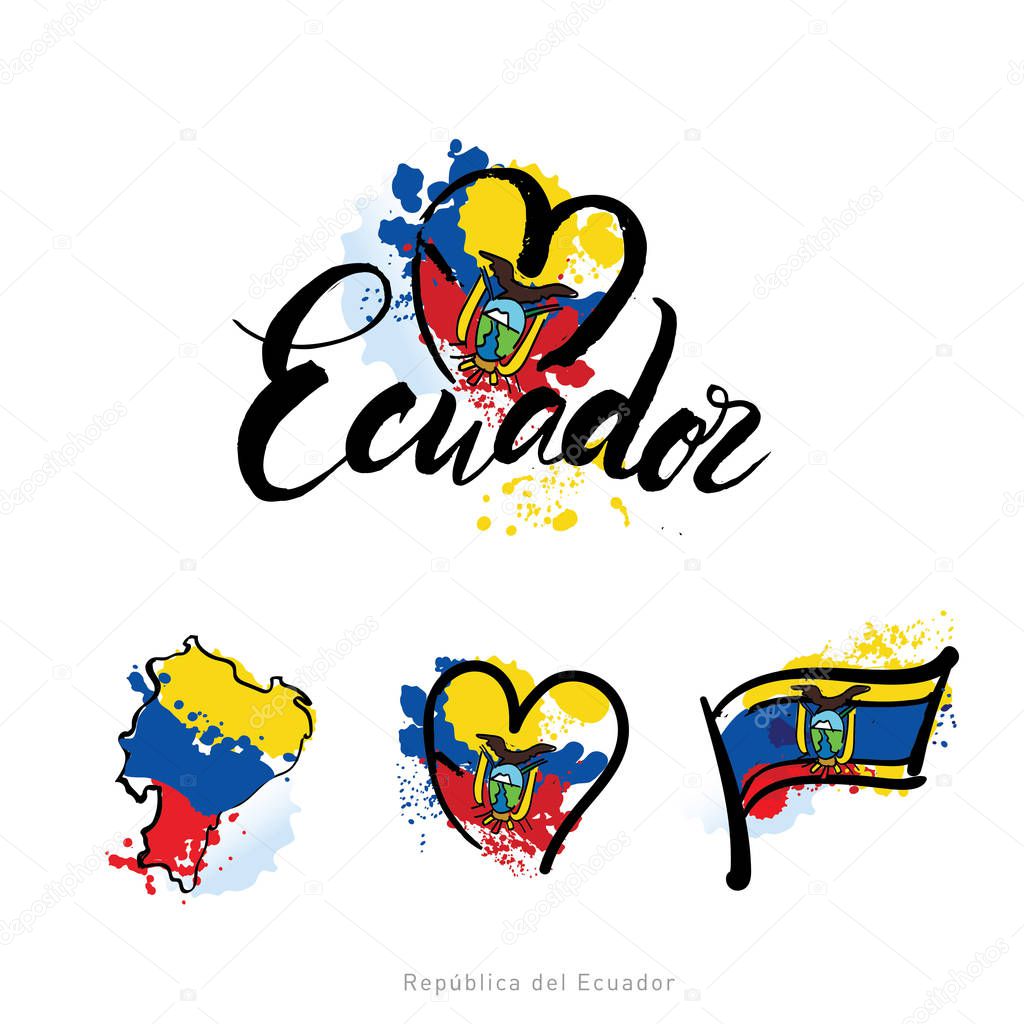 Vector logo for Ecuador country, fridge magnet with ecuadorian flag, original brush typeface for word ecuador, national ecuadorian symbol - Monastery of St. Francis in Quito on cloudy sky background.