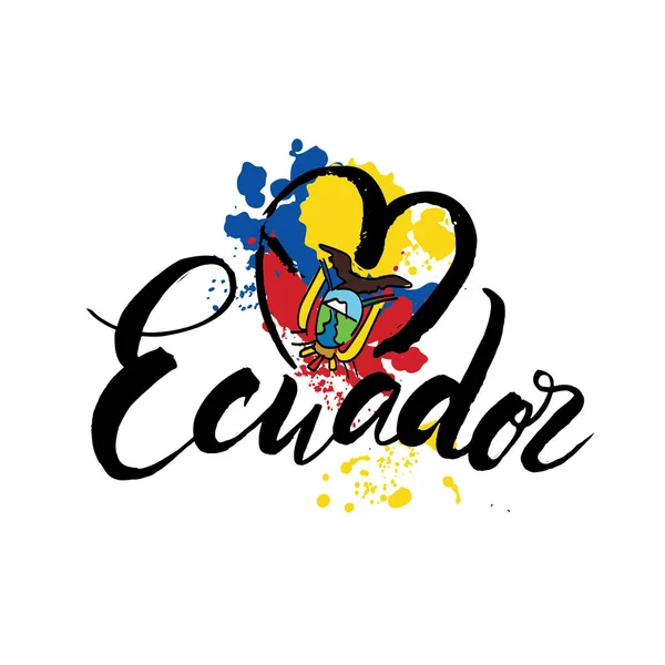 Vektor logo Ecuador ország, Hűtőmágnes, ecuadori zászló, eredeti ecset betűtípust a "ecuador" szót, nemzeti ecuadori szimbólum - a kolostor Szent Ferenc a Quito-nek, a felhős ég háttere. — Stock Vector