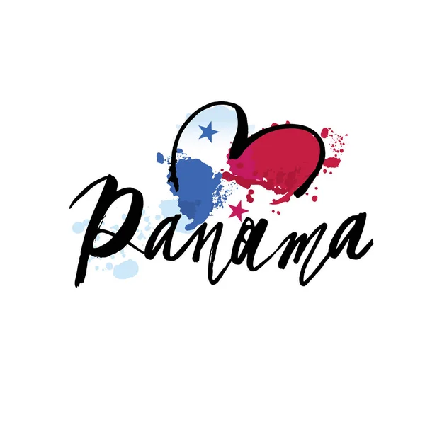Handgeschreven kalligrafische letters offerte Panama met decoratieve elementen in de kleuren van de vlag. Geïsoleerde objecten op witte achtergrond. Vectorillustratie. Ontwerpconcept voor Onafhankelijkheidsdag banner. — Stockvector