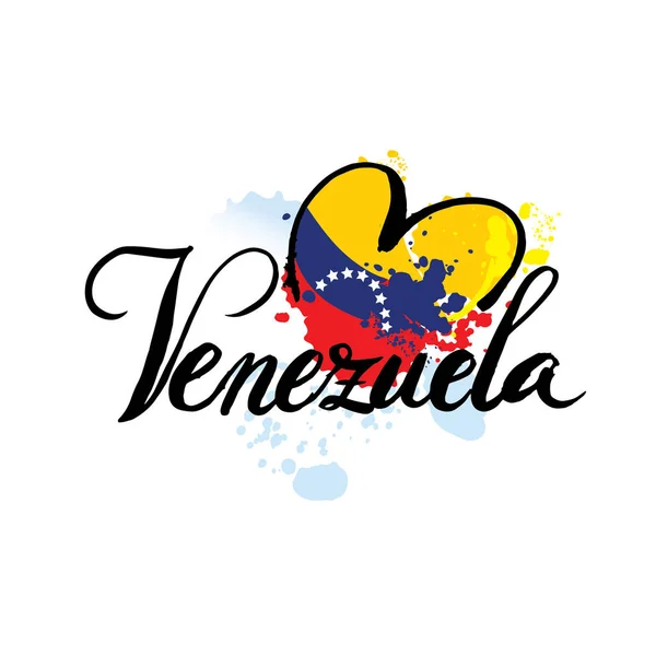 Γραμμένα καλλιγραφικά γράμματα απόσπασμα Βενεζουέλα με διακοσμητικά στοιχεία σε χρώματα σημαία στο χέρι. Απομονωμένα αντικείμενα σε άσπρο φόντο. Εικονογράφηση διάνυσμα. Σχεδιαστική πρόταση για banner ημέρα ανεξαρτησίας. — Διανυσματικό Αρχείο