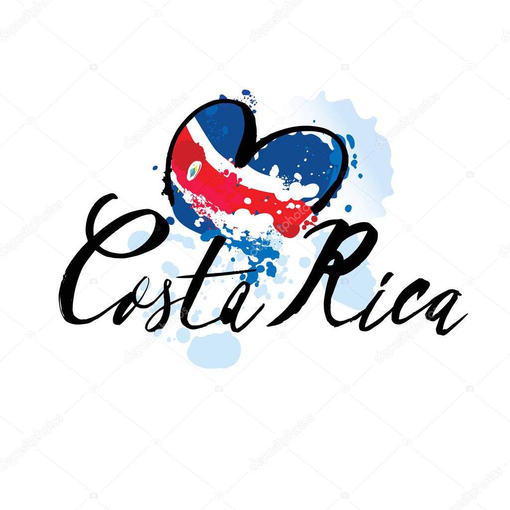 Hand written calligraphic lettering quote Costa Rica with decorative elements in flag colors. Isolated objects on white background. Vector illustration. Design concept for independence day banner.