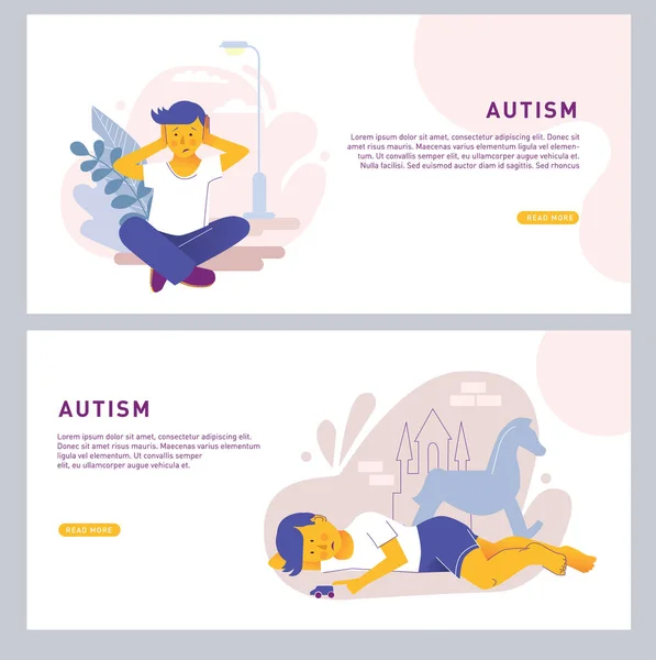 El niño se cubre los oídos con las manos y se sienta solo. Centro de autismo, tratamiento del trastorno del espectro autista, concepto de autismo infantil. Ilustración aislada vector brillante Gráficos vectoriales