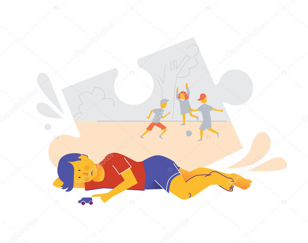 Early sign of autism. Child play alone as a symptom of mental health disease. Kid with autism sindrome. Isolated vector flat illustration