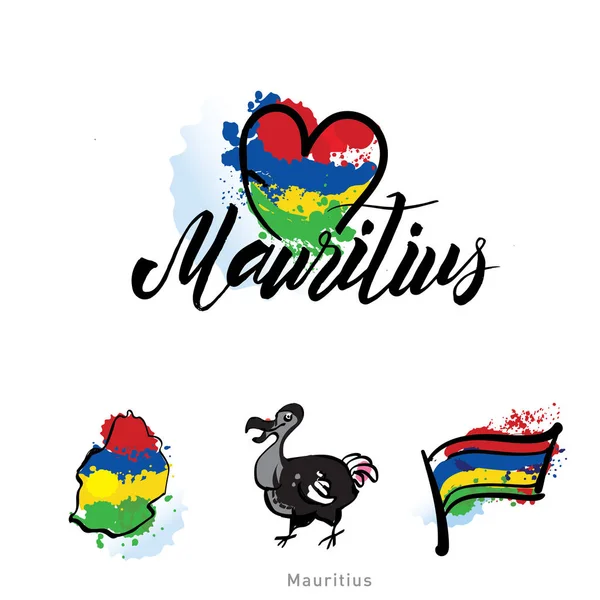 Mauritius koncepcja flaga kraju z grunge projekt nadaje się do logo ikona projekt Dodo ptak ilustracja. Mapę. — Wektor stockowy