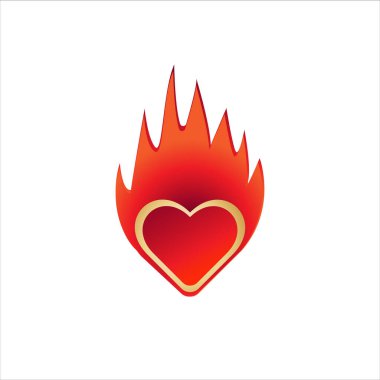 Beyaz arka planda izole edilmiş ateş vektör illüstrasyonlu kalp. Love Burn Fire logo tasarımı konsepti. Altın ve Kırmızı Turuncu renklendirme