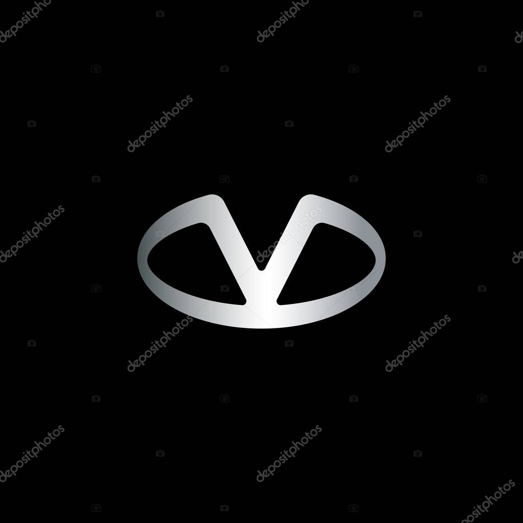 Initial logo design template isolated on black background. V Letter blend with oval shape logo concept. silver metallic color theme.