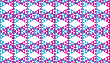 Renkli Soyut Üçgenler Süslemesi, Üçgen Şekiller Duvar Kağıdı. Geometrik Kusursuz Desen Şablonu. Açık Mavi, Pembe Magenta ve Beyaz Renk Teması.
