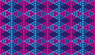 Güzel Soyut Üçgenler Süslemesi, Üçgen Şekiller Duvar Kağıdı. Geometrik Kusursuz Desen Şablonu. Açık Mavi, Pembe Magenta Koyu Mavi Renk TemasıName.