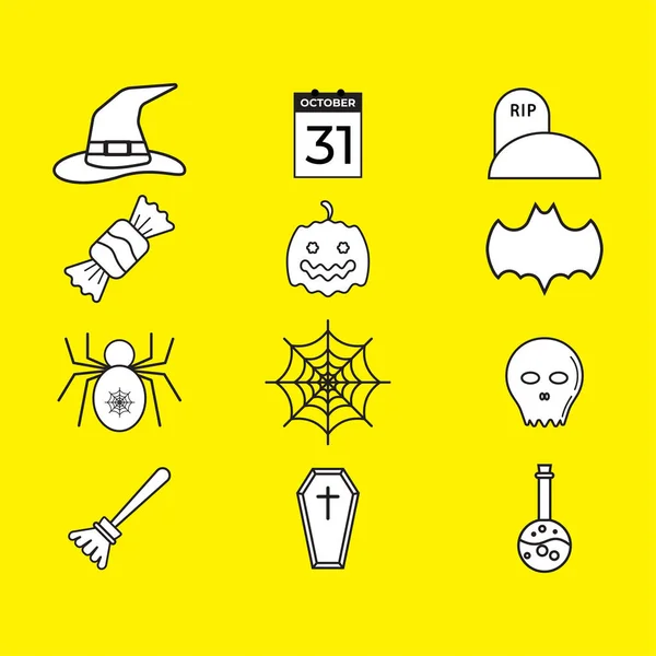 Halloween Icon Pack Isolated Yellow Color Background Uncolored Vector Collection — Stock Vector