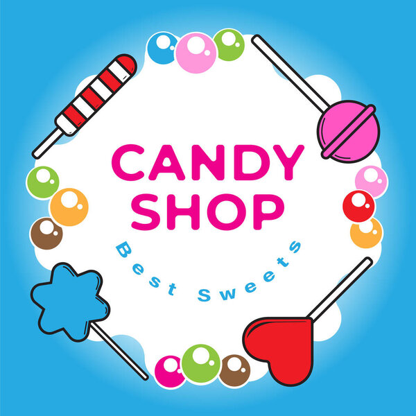 Candy Shop banner with sweets on the blue color background.  Suitable for social media post template or print media promotion