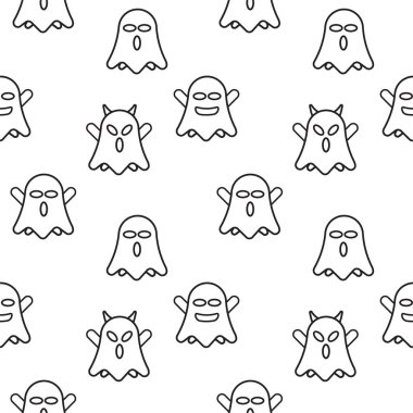Şirin hayalet kusursuz desen tasarım şablonu. Beyaz arka planda siyah tasarım biçimi. Düz karakter vektör illüstrasyonu.