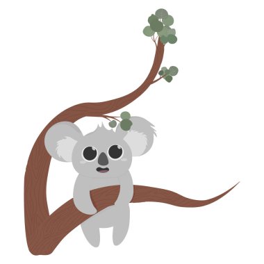 Ağaçtaki küçük sevimli koala, okaliptüs yaprakları, sevimli küp, çizgi film tarzındaki sevimli ayı. 