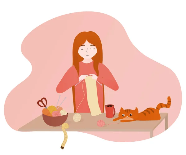 Young Red Hair Woman Knitting Scarf Knitting Needles Cute Red — Stock Vector