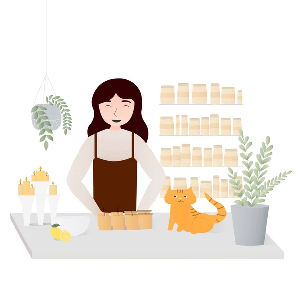 Chica Haciendo Velas Gato Sentado Mesa Ingredientes Para Velas Hechas — Vector de stock