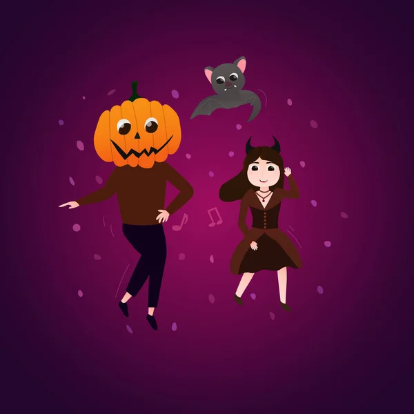 Halloween tecken dans swing på lila bakgrund, söta barn i kostym, fira semester — Stock vektor