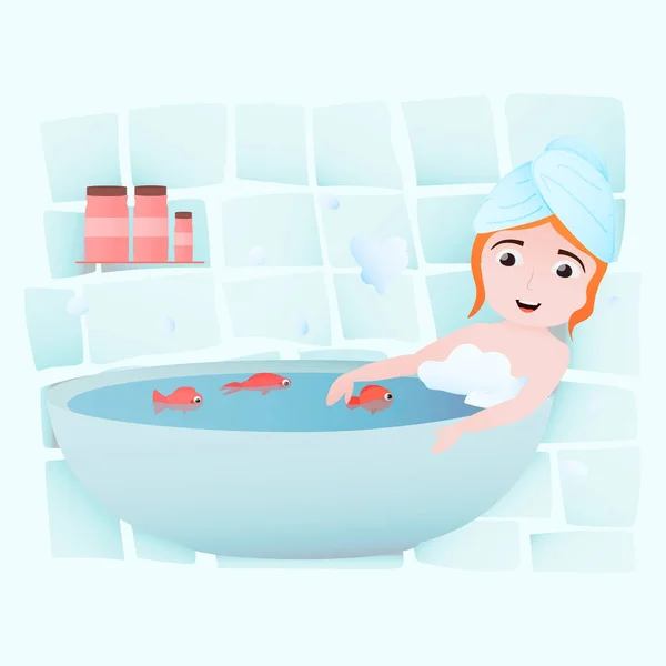Menina Feliz Tomando Banho Atividade Rotina Diária Banheira Com Bolhas — Vetor de Stock