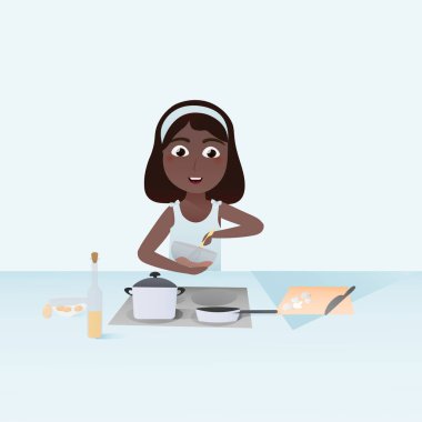 Şirin küçük kız yemek yapıyor, masada sebzeler, mantar kesiyor, sağlıklı malzemeler, lezzetli yiyecekler.