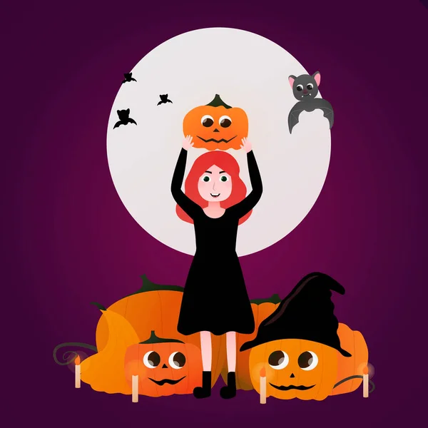 Flicka i häxdräkt, halloween illustration, flygande söt fladdermus, unge hålla pumpa, ljus runt — Stock vektor
