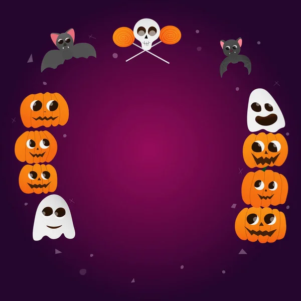 Halloween kort med cirkel ram, copyspace för text, läskiga element - spöken, pumpor, fladdermöss, skalle, godis — Stock vektor