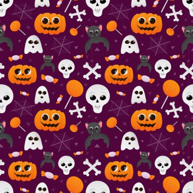 Cadılar Bayramı 'nda tekstil için balkabakları, hayaletler, yarasalar, kafatasları ve şekerlerle kusursuz desenler